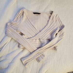 Shein Long sleeve ribbed Wrap Top Crop baby pink cropped size small